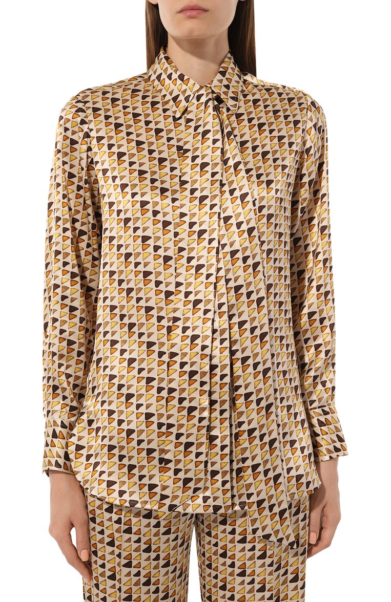 Женская атласная блузка KITON бежевого цвета, арт. D48407K0978C | Фото 3 (Рукава: Длинные; Длина (для топов): Стандартные; Материал внешний: Шелк; Принт: С принтом; Стили: Кэжуэл; Женское Кросс-КТ: Блуза-одежда; Автоматизация ТО: Проставлено; Автоматизация состава: Проставлено)