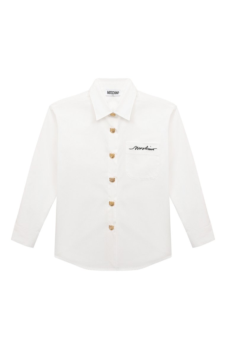 Детское хлопковая блузка MOSCHINO белого цвета, арт. HDC01F/LMA01/4-8 | Фото 1 (Рукава: Длинные; Материал внешний: Хлопок; Случай: Повседневный)