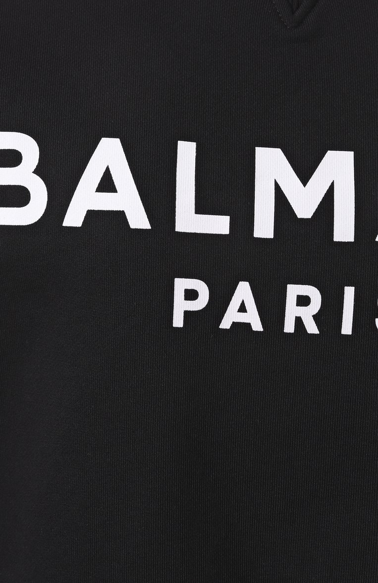 Женский хлопковый свитшот BALMAIN черного цвета, арт. EF1JQ002/BB02 | Фото 6 (Драгоценные камни: Проставлено; Рукава: Длинные; Материал сплава: Проставлено; Длина (для топов): Укороченные; Женское Кросс-КТ: Свитшот-одежда; Стили: Кэжуэл; Материал внешний: Хлопок)