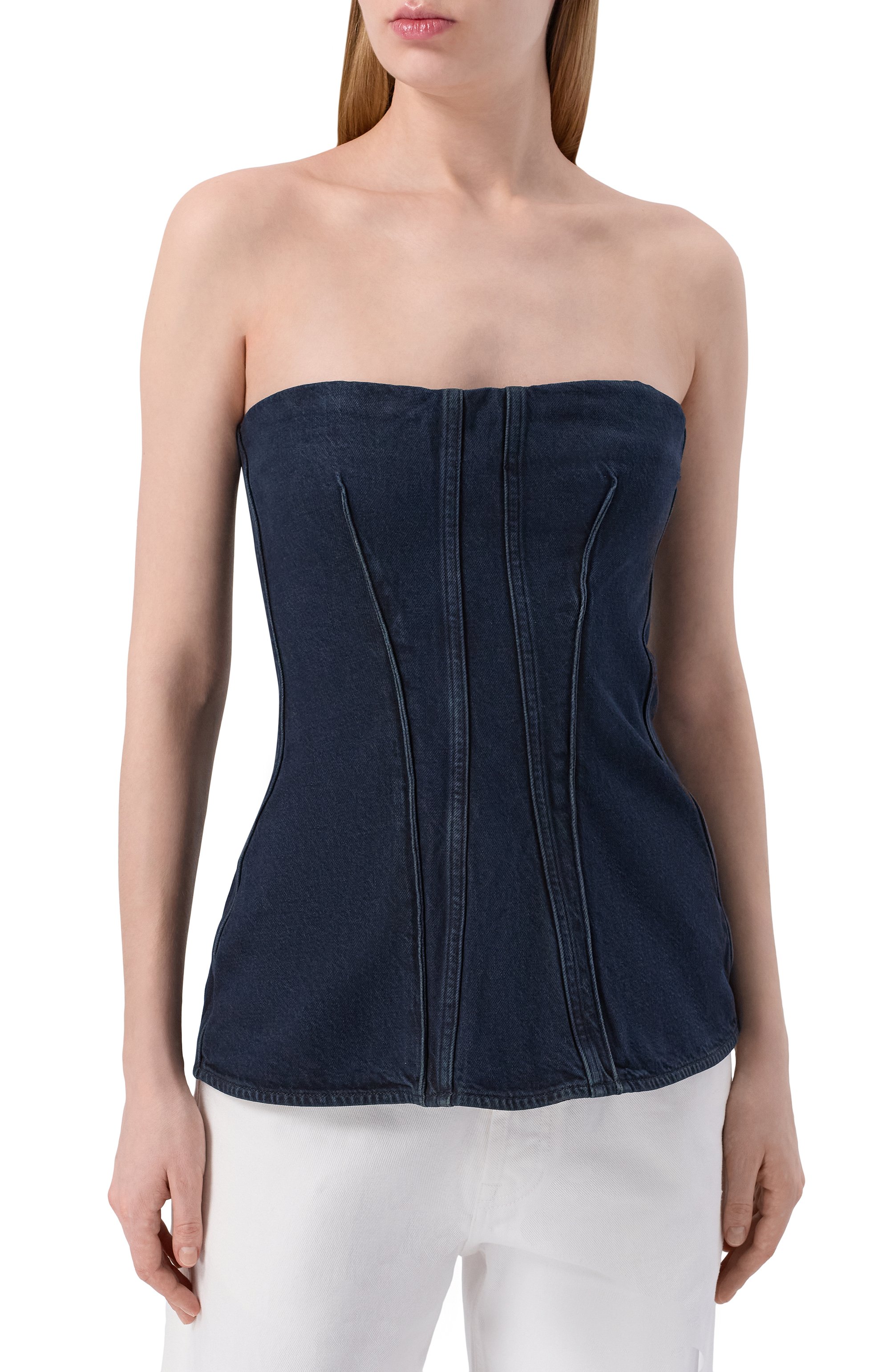 Джинсовый топ-корсет lara AGOLDE темно-синего цвета по цене 44500 руб., арт. A7403-1826, фото 3 Джинсовый топ-корсет lara AGOLDE, арт. A7403-1826, фото 3