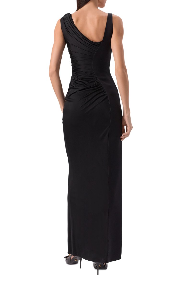 Женское платье из вискозы VERSACE черного цвета, арт. 1014127/1A00572 | Фото 4 (Женское Кросс-КТ: Платье-одежда; Длина Ж (юбки, платья, шорты): Макси; Случай: Вечерний; Стили: Гламурный; Материал внешний: Вискоза; Рукава: На бретелях; Автоматизация ТО: Проставлено; Автоматизация состава: Проставлено; Материал подклада: Шелк)