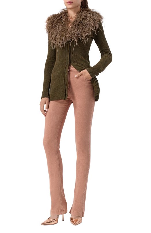 Шерстяной кардиган с отделкой перьями Blumarine 2M643W_SET Хаки  2M643W_SET Фото 2