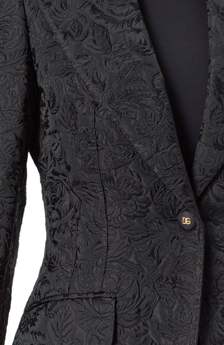Женский жакет из хлопка и шелка DOLCE & GABBANA черного цвета, арт. F29UCT/GDCSS | Фото 5 (Рукава: Длинные; Длина (для топов): Стандартные; Материал внешний: Хлопок, Синтетический материал; Женское Кросс-КТ: Жакет-одежда; 1-2-бортные: Однобортные; Случай: Вечерний; Кросс-КТ: костюм; Стили: Классический; Материал подклада: Синтетический материал; Автоматизация ТО: Проставлено; Автоматизация состава: Проставлено; Размерность: Идёт в размер; Re-sync: On)