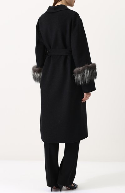 Шерстяное пальто с поясом и меховой отделкой рукавов PRADA, арт. P601HP-1P7P-F0542, фото 4