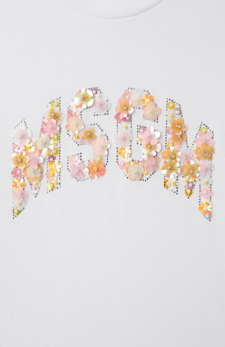 Детская хлопковая футболка MSGM KIDS белого цвета, арт. S5MSJGTH105 | Фото 3 (Рукава: Короткие; Материал сплава: Проставлено; Драгоценные камни: Проставлено; Девочки Кросс-КТ: футболка-одежда; Материал внешний: Хлопок; Ростовка одежда: 6 лет | 116 см, 8 лет | 128 см, 10 - 11 лет | 140 - 146см, 12 лет | 152 см, 13 - 15 лет | 158 см)