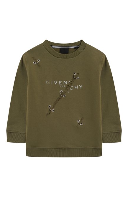 Детский хлопковый свитшот GIVENCHY хаки цвета, арт. H25320 | Фото 1 (Рукава: Длинные; Материал внешний: Хлопок; Мальчики Кросс-КТ: Свитшот-одежда; Материал сплава: Проставлено; Драгоценные камни: Проставлено)