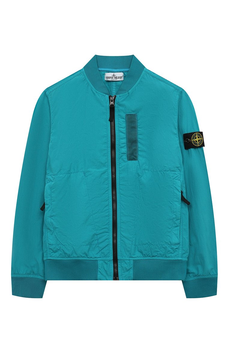 Детского бомбер STONE ISLAND бирюзового цвета, арт. 801640430/6-8 | Фото 1 (Рукава: Длинные; Кросс-КТ: бомбер; Материал внешний: Синтетический материал; Материал сплава: Проставлено; Драгоценные камни: Проставлено; Ростовка одежда: 6 лет | 116 см, 8 лет | 128 см)