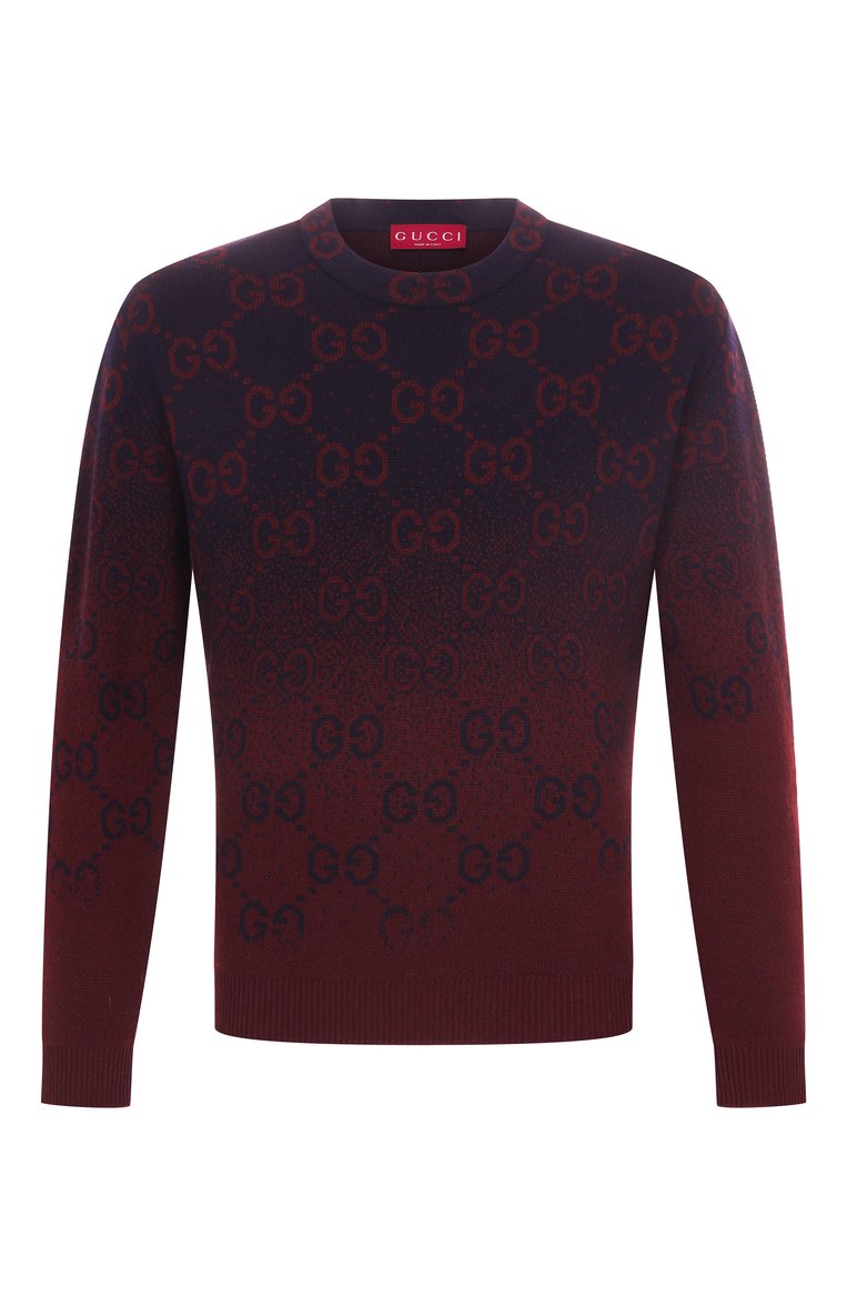 Мужской шерстяной джемпер GUCCI бордового цвета, арт. 788533/XKD42 | Фото 1 (Рукава: Длинные; Материал внешний: Шерсть; Длина (для топов): Стандартные; Мужское Кросс-КТ: Джемперы; Стили: Кэжуэл; Автоматизация ТО: Проставлено; Принт: С принтом; Автоматизация состава: Проставлено; Детали: Без декора)