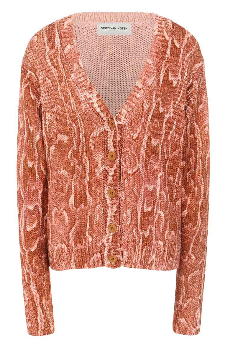 Женский кардиган из вискозы и хлопка DRIES VAN NOTEN темно-розового цвета, арт. 251-011225-1714 | Фото 1 (Материал внешний: Хлопок, Вискоза; Длина (для топов): Стандартные; Рукава: Длинные; Женское Кросс-КТ: кардиган-трикотаж; Застежка: Пуговицы; Стили: Кэжуэл; Автоматизация состава: Проставлено; Автоматизация ТО: Проставлено)