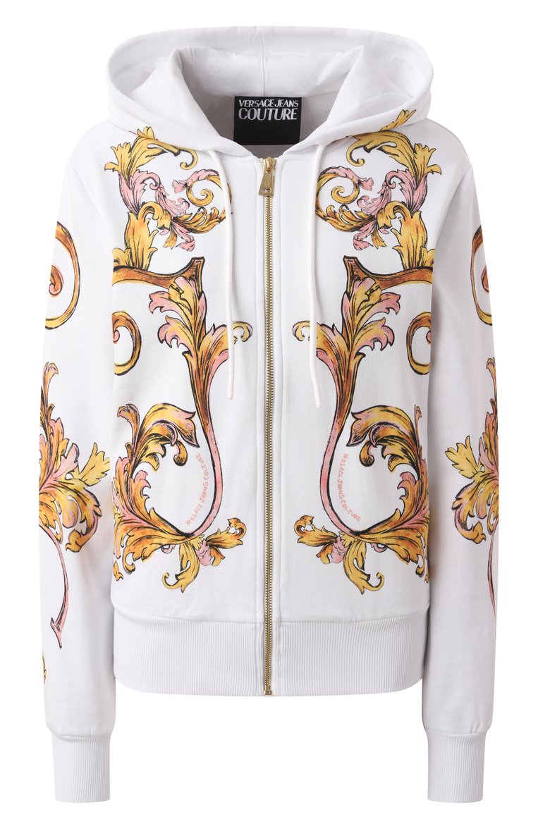 Женский хлопковая толстовка VERSACE JEANS COUTURE белого цвета, арт. 78HAI3P6/FS192 | Фото 1 (Материал сплава: Проставлено; Драгоценные камни: Проставлено; Длина (для топов): Стандартные; Рукава: Длинные; Материал подклада: Хлопок; Стили: Гла�мурный; Женское Кросс-КТ: Кардиган-одежда; Материал внешний: Хлопок)