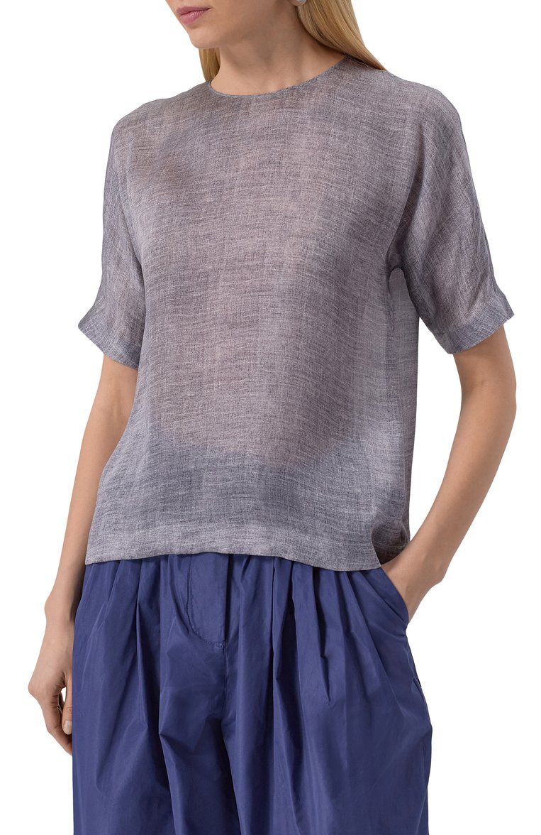 Женский шелковый топ GIORGIO ARMANI синего цвета, арт. GW000772/TE13902 | Фото 3 (Материал внешний: Шелк; Длина (для топов): Стандартные; Стили: Кэжуэл; Рукава: Короткие)
