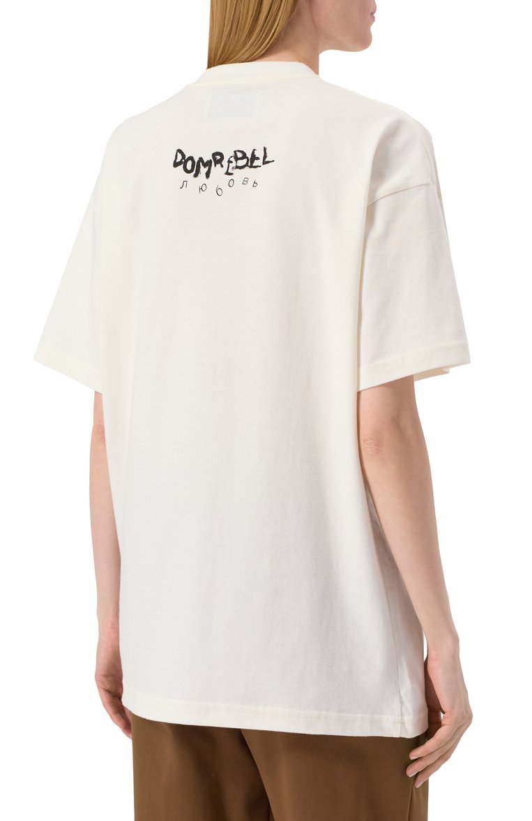 Женская хлопковая футболка DOMREBEL молочного цвета, арт. L0VEBEAR/T-SHIRT | Фото 4 (Материал внешний: Хлопок; Рукава: Короткие; Длина (для топов): Стандартные; Принт: С принтом; Стили: Кэжуэл; Женское Кросс-КТ: Футболка-одежда)