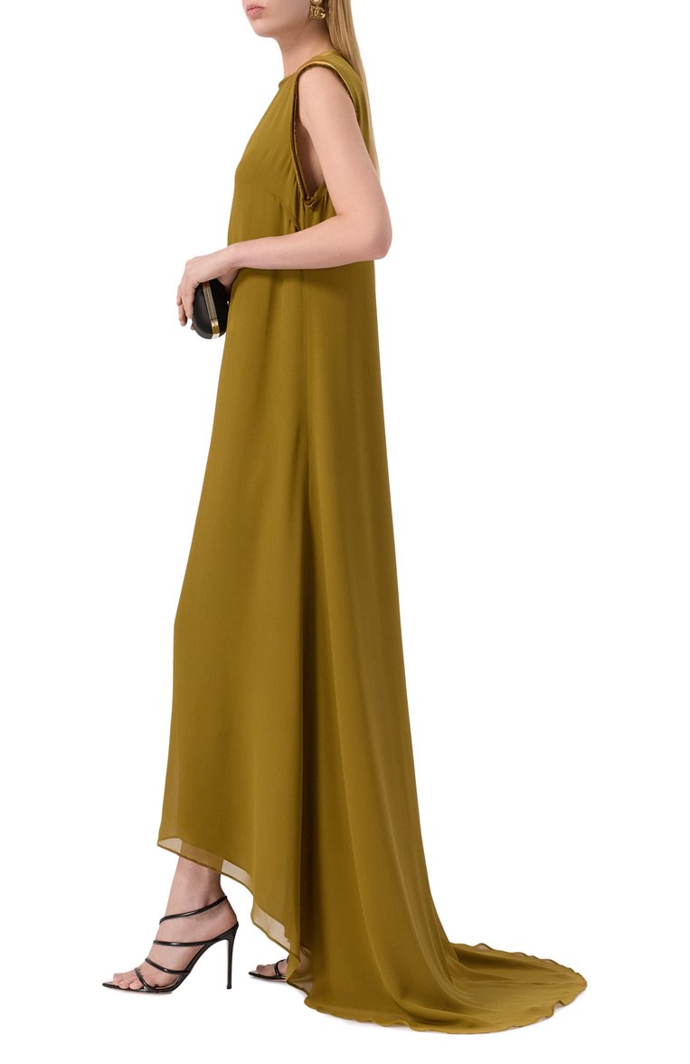 Женское шелковое платье ALBUS LUMEN хаки цвета, арт. AL.RT25.006.DRESS | Фото 2 (Материал внешний: Шелк; Длина Ж (юбки, платья, шорты): Макси; Женское Кросс-КТ: Платье-одежда; Случай: Вечерний; Стили: Романтичный; Рукава: Без рукавов)