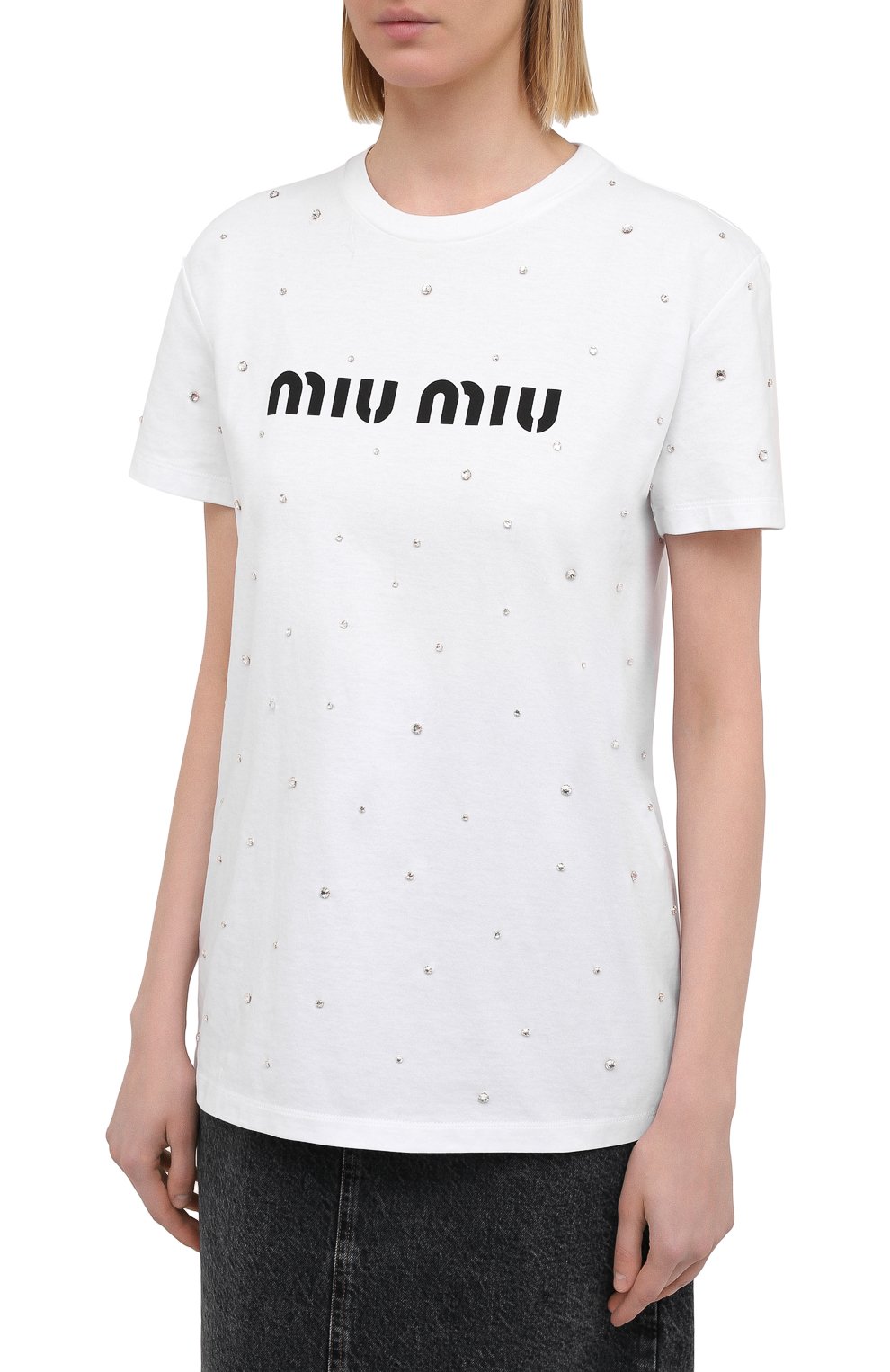 Хлопковая футболка MIU MIU белого цвета по цене 115000 руб., арт. MJN240-1XE1-F0009, фото 3 Хлопковая футболка MIU MIU, арт. MJN240-1XE1-F0009, фото 3