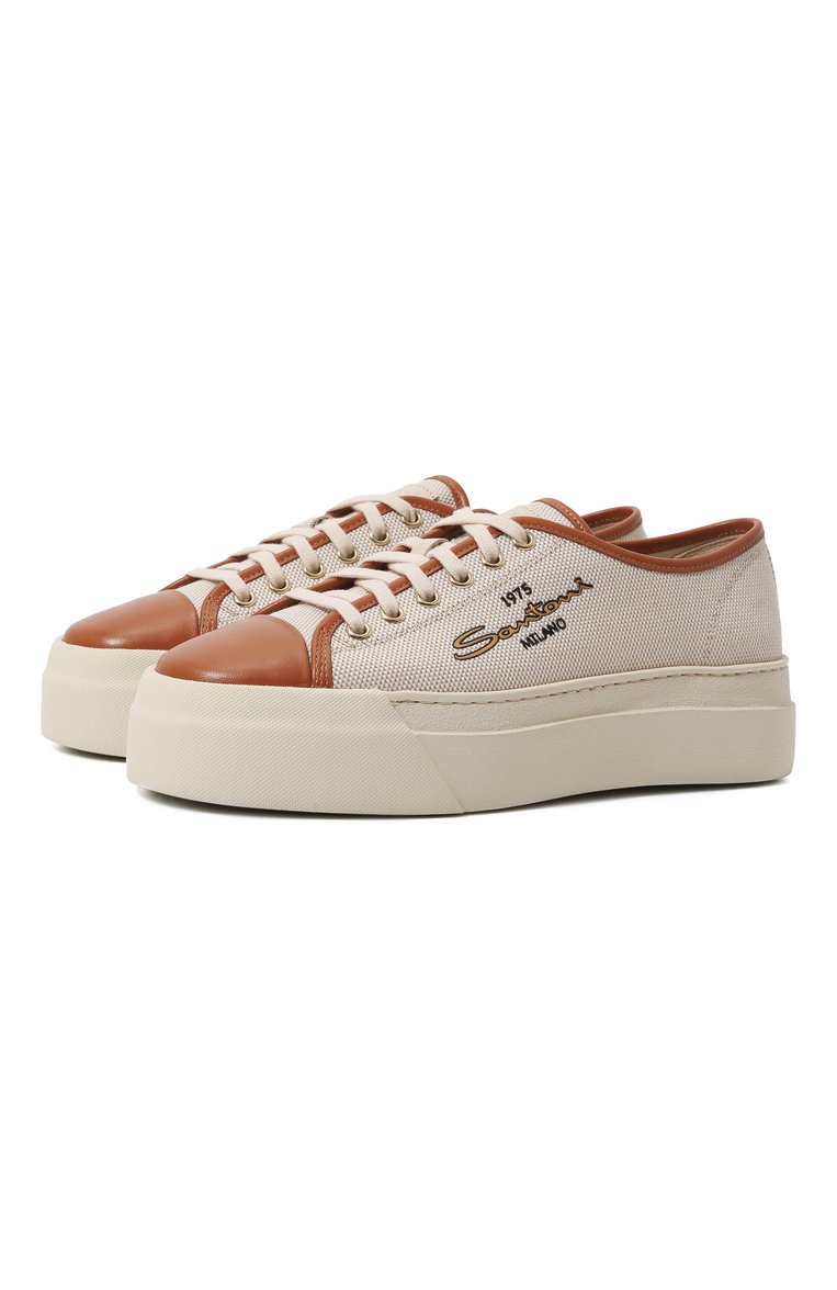 Женские комбинированные кеды SANTONI кремового цвета, арт. WBGE612410SSTTW8I57 | Фото 1 (Материал внешний: Текстиль, Натуральная кожа; Материал внутренний: Натуральная кожа; Подошва: Платформа; Стили: Кэжуэл; Материал утеплителя: Без утеплителя; Кросс-КТ: Низкие)