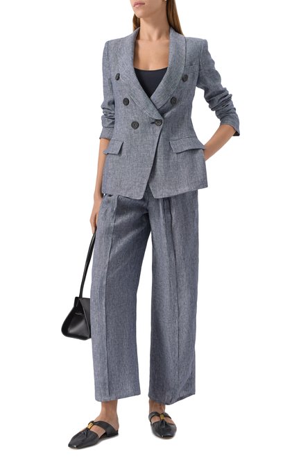 Женские льняные брюки EMPORIO ARMANI синего цвета, арт. EW001572/TE10381 | Фото 2 (Длина (брюки, джинсы): Стандартные; Материал внешний: Лен; Материал сплава: Проставлено; Драгоценные камни: Проставлено)