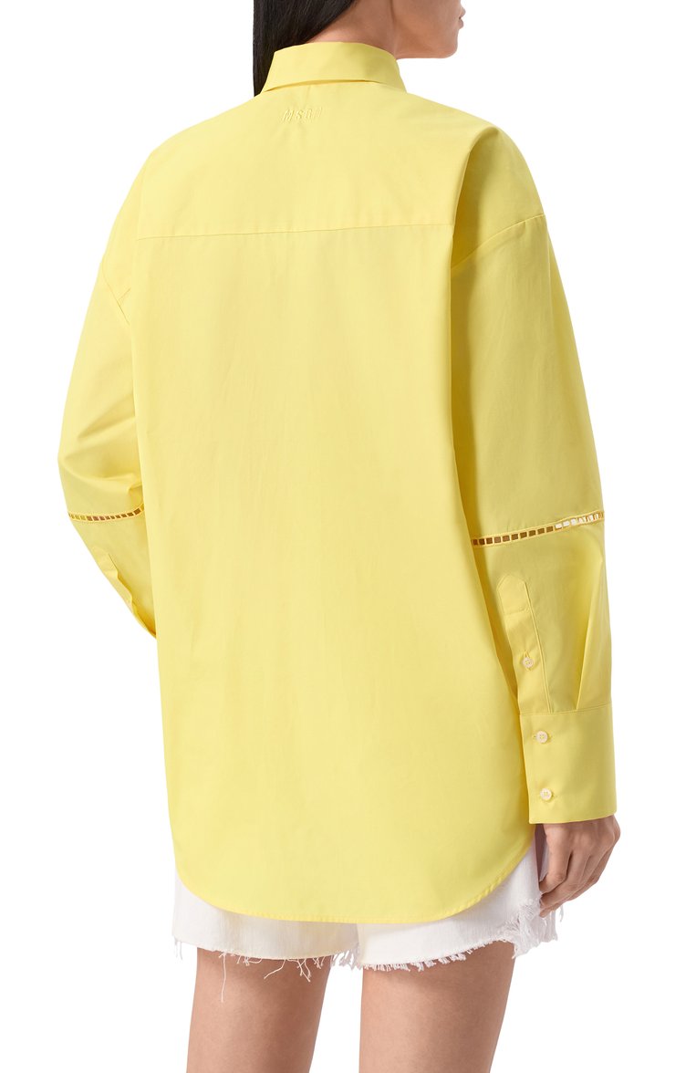 Женская хлопковая рубашка MSGM желтого цвета, арт. 3841MDE10X/257100 | Фото 4 (Рукава: Длинные; Материал внешний: Хлопок; Длина (для топов): Удлиненные; Женское Кросс-КТ: Рубашка-одежда; Принт: Без принта; Стили: Кэжуэл; Автоматизация ТО: Проставлено; Автоматизация состава: Проставлено; Детали: Декор)