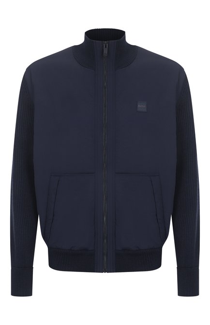 Мужской комбинированный кардиган BOSS ORANGE темно-синего цвета, арт. 50531494 | Фото 1 (Длина (для топов): Стандартные; Рукава: Длинные; Материал внешний: Шерсть, Синтетический материал; Драгоценные камни: Проставлено; Материал сплава: Проставлено)