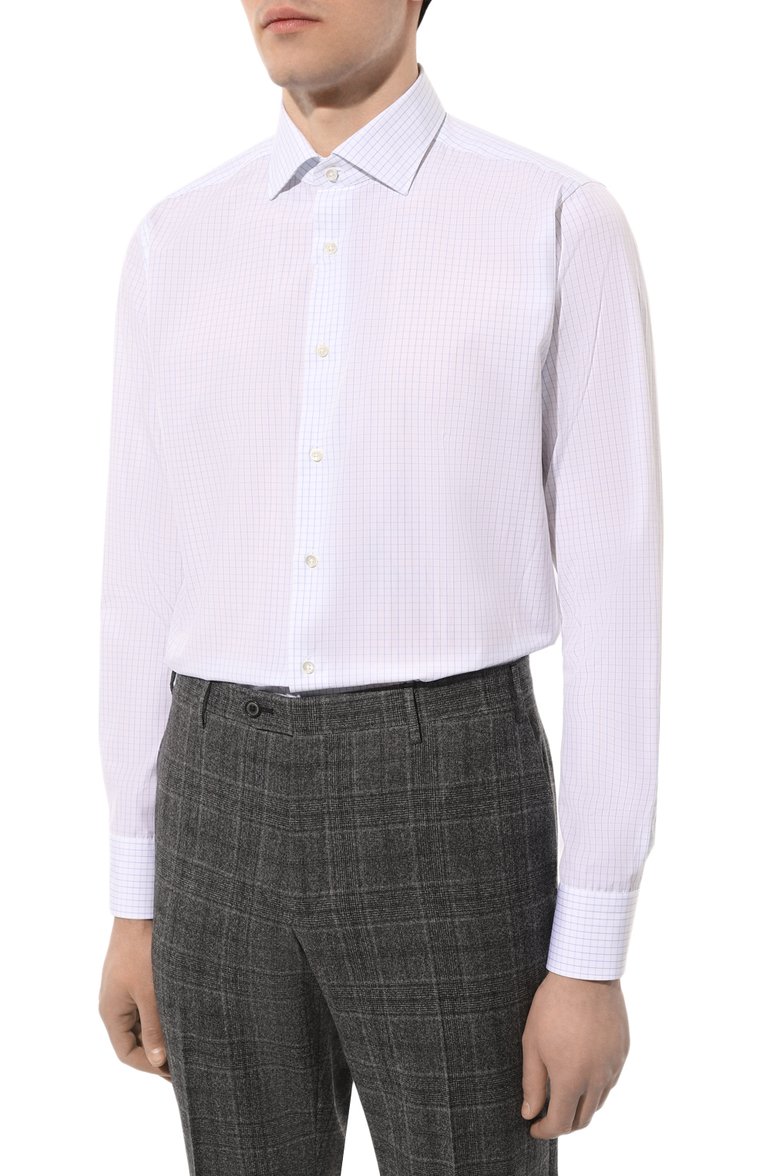 Мужская хлопковая сорочка CANALI голубого цвета, арт. 798/GD03162/401 | Фото 4 (Длина (для топов): Стандартные; Материал внешний: Хлопок; Рукава: Длинные; Принт: Клетка; Рубашки М: Regular Fit; Манжеты: На пуговицах; Воротник: Кент; Случай: Формальный; Стили: Классический; Автоматизация состава: Проставлено; Автоматизация ТО: Проставлено; Детали: Без декора)