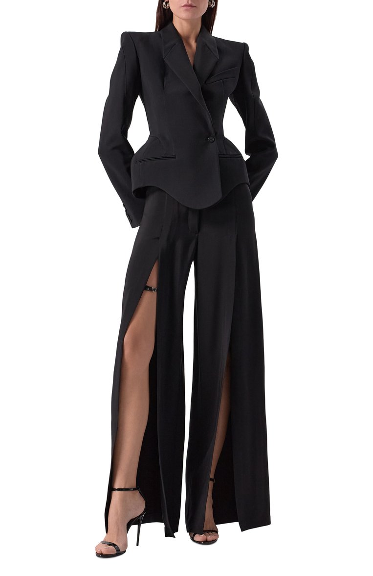 Женские брюки из вискозы и шерсти MUGLER черного цвета, арт. 25P1PA0493196 | Фото 2 (Материал внешний: Вискоза; Силуэт Ж (брюки и джинсы): Расклешенные; Стили: Гламурный; Женское Кросс-КТ: Брюки-одежда; Кросс-КТ: костюм; Длина (брюки, джинсы): Стандартные; Автоматизация ТО: Проставлено; Автоматизация состава: Проставлено)
