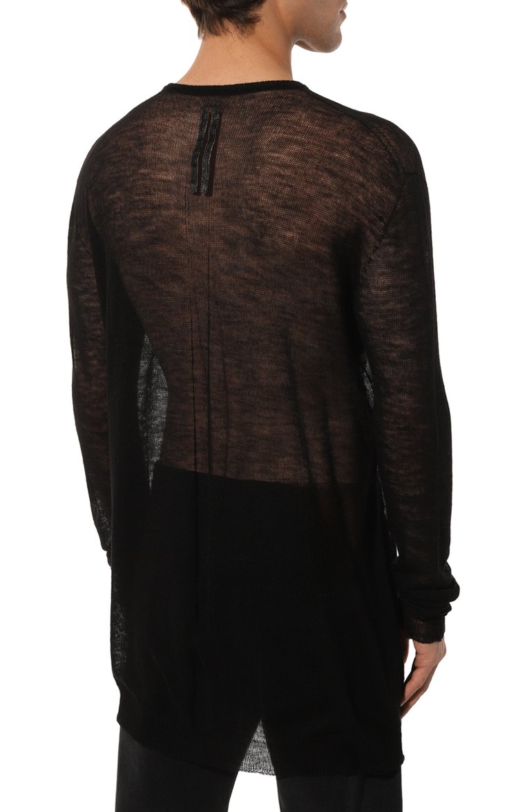 Мужской шерстяной джемпер RICK OWENS черного цвета, арт. RR01D3661/KMP | Фото 4 (Рукава: Длинные; Длина (для топов): Удлиненные; Материал внешний: Шерсть; Мужское Кросс-КТ: Джемперы; Вырез: Круглый; Стили: Гранж; Принт: Без принта; Автоматизация состава: Проставлено; Автоматизация ТО: Проставлено; Детали: Декор)