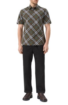 Мужская хлопковая рубашка BURBERRY хаки цвета, арт. 8099224 | Фото 2 (Рукава: Короткие; Материал сплава: Проставлено; Драгоценные камни: Проставлено; Длина (для топов): Стандартные; Воротник: Кент; Принт: Клетка; Стили: Кэжуэл; Случай: Повседневный; Материал внешний: Хлопок)