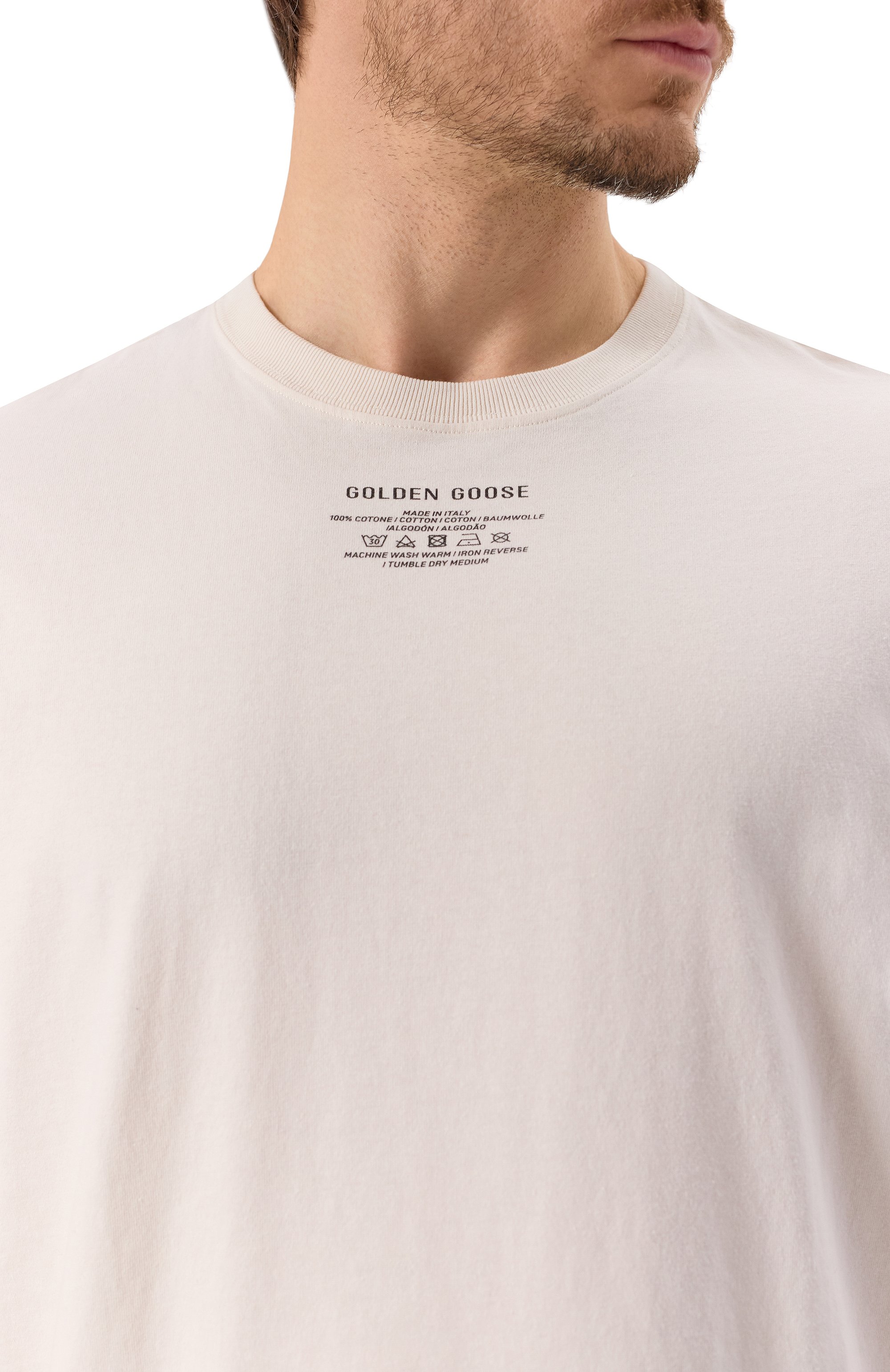 Хлопковая футболка GOLDEN GOOSE DELUXE BRAND кремового цвета по цене 19600 руб., арт. GMP01220.P001881, фото 5 Хлопковая футболка GOLDEN GOOSE DELUXE BRAND, арт. GMP01220.P001881, фото 5