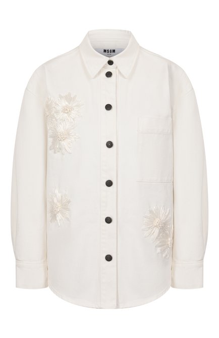 Женская джинсовая рубашка MSGM белого цвета, арт. 3841MDE233X/257273 | Фото 1 (Материал сплава: Проставлено; Материал внешний: Хлопок; Длина (для топов): Удлиненные; Рукава: Длинные; Драгоценные камни: Проставлено)