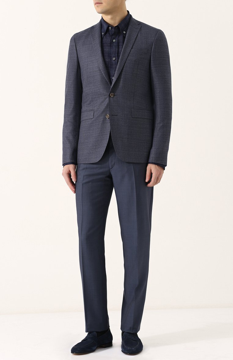 Мужская хлопковая рубашка с воротником button down BRIONI темно-синего цвета, арт. SC020Q/P7139 | Фото 2 (Длина (для топов): Стандартные; Материал внешний: Лен; Рукава: Длинные; Статус проверки: Проверено, Проверена категория; Случай: Повседневный; Принт: Клетка; Воротник: Button down; Манжеты: На пуговицах; Стили: Кэжуэл)