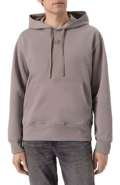 Мужской хлопковое худи DIESEL серого цвета, арт. A09856/0BMBJ | Фото 3 (Длина (для топов): Стандартные; Рукава: Длинные; Принт: Без принта; Мужское Кросс-КТ: Худи-одежда; Стили: Спорт-шик; Материал внешний: Хлопок)