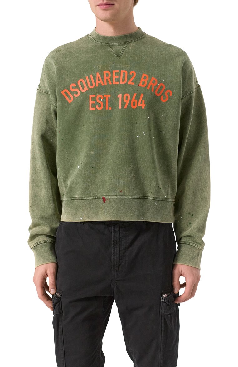 Мужской хлопковый свитшот DSQUARED2 хаки цвета, арт. S74GU0847/S25030 | Фото 3 (Драгоценные камни: Проставлено; Материал сплава: Проставлено; Длина (для топов): Стандартные; Рукава: Длинные; Принт: С принтом; Мужское Кросс-КТ: свитшот-одежда; Стили: Кэжуэл; Материал внешний: Хлопок)