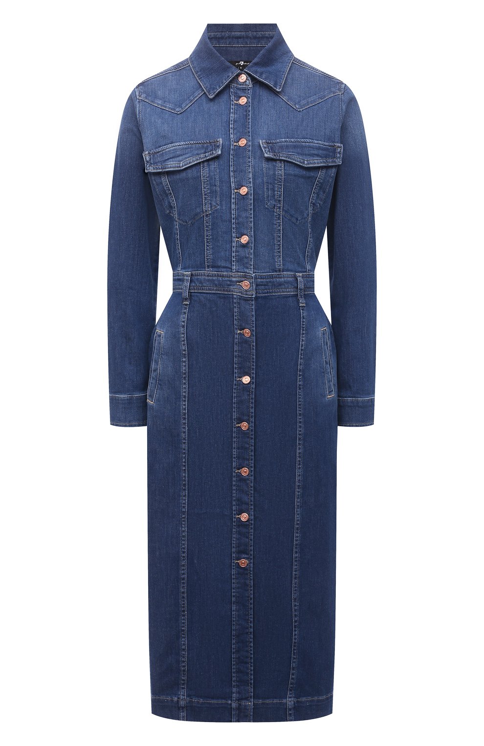 Джинсовое платье 7 FOR ALL MANKIND синего цвета по цене 29550 руб., арт. JSLLZ030WE, фото 1 Джинсовое платье 7 FOR ALL MANKIND, арт. JSLLZ030WE, фото 1