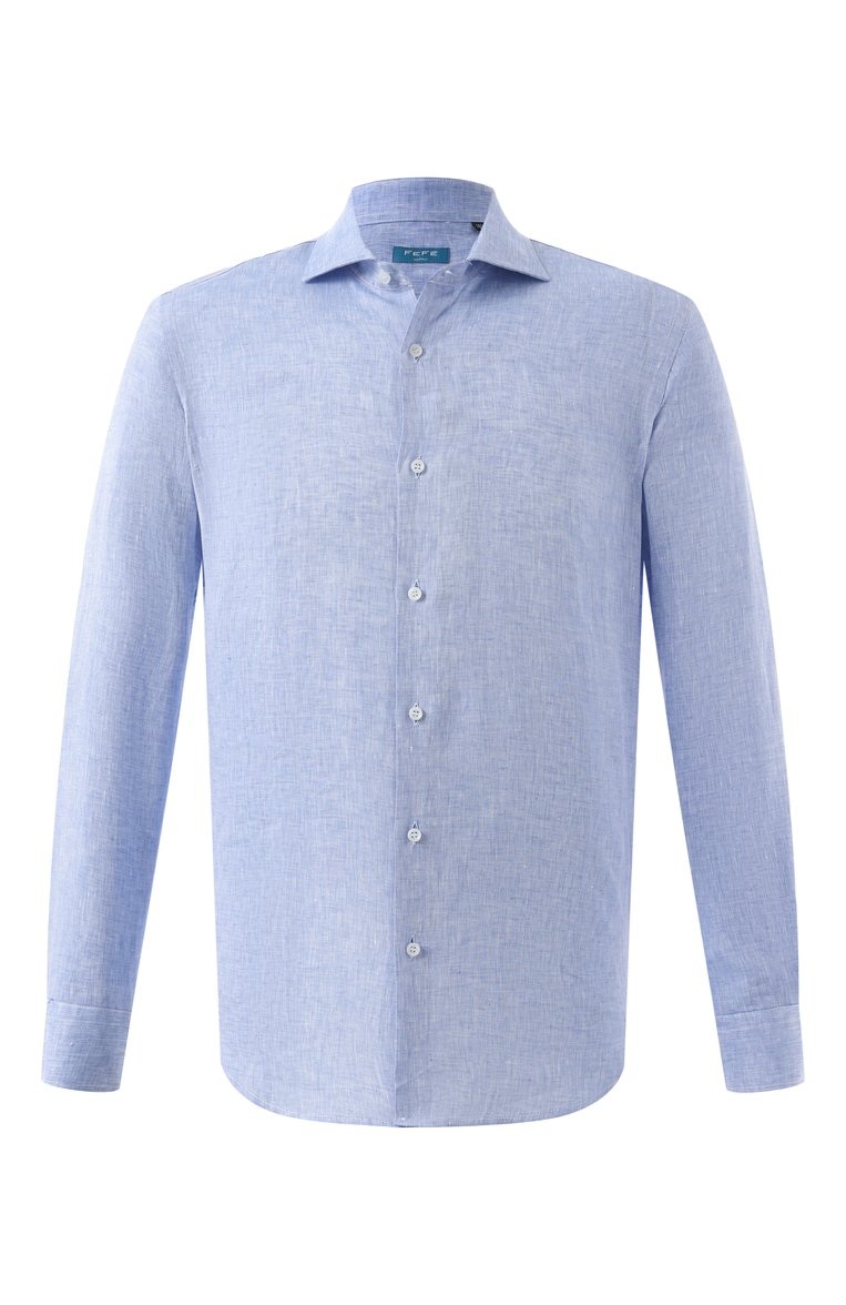 Мужская льняная рубашка FEFE` голубого цвета, арт. LINEN SHIRT/CL106 | Фото 1 (Рукава: Длинные; Материал внешний: Лен; Длина (для топов): Стандартные; Принт: Однотонные; Рубашки М: Regular Fit; Манжеты: На пуговицах; Случай: Повседневный; Воротник: Акула; Стили: Кэжуэл; Автоматизация ТО: Проставлено; Детали: Без декора; Автоматизация состава: Проставлено)