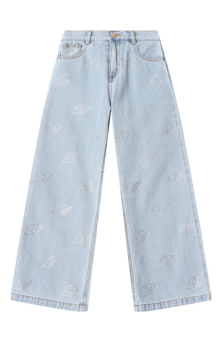 Детские джинсы BLUMARINE голубого цвета, арт. BFPA009.C.DF004/6A-12A | Фото 1 (Нос: Не проставлено; Материал внешний: Хлопок; Детали: Декор; Автоматизация состава: Проставлено; Ростовка одежда: 8 лет | 128 см, 6 лет | 116 см, 10 - 11 лет | 140 - 146см, 12 лет | 152 см)