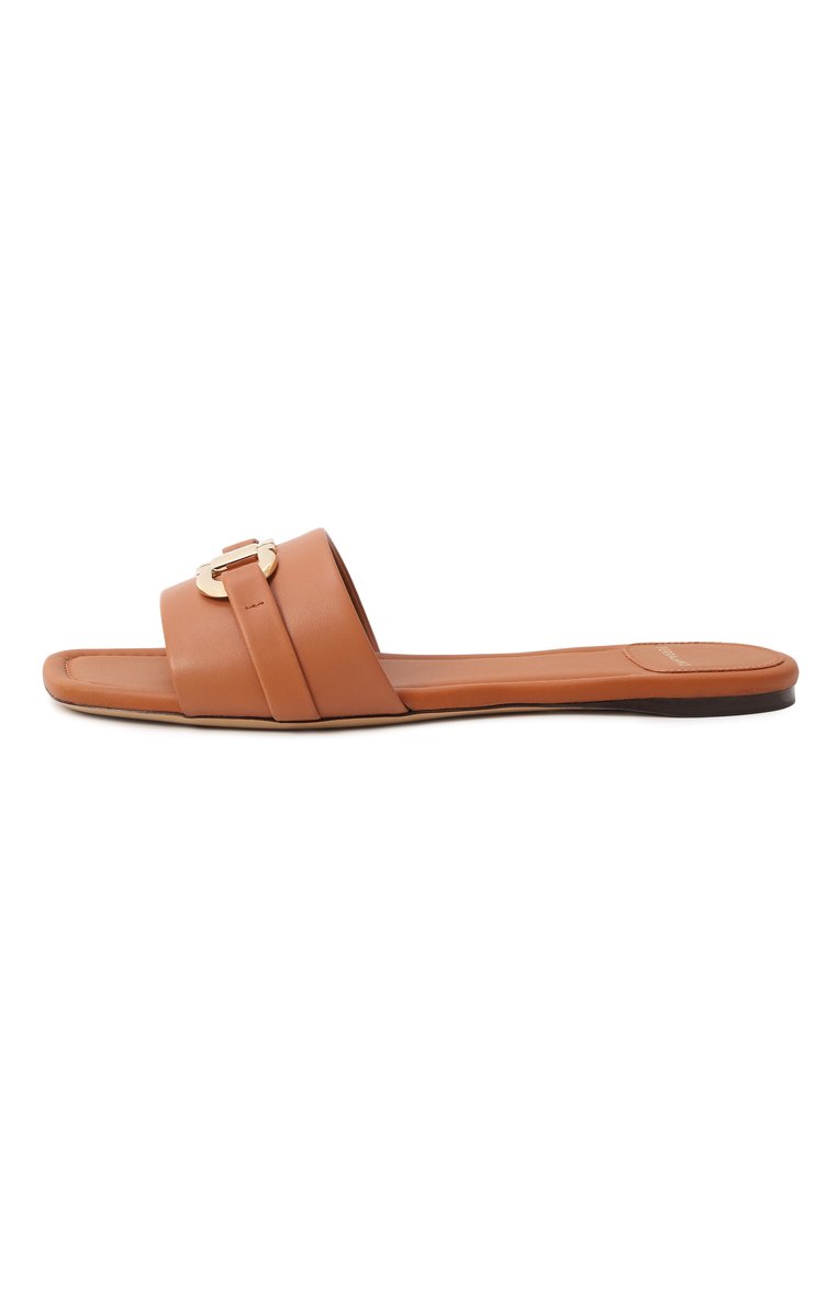Женские кожаные шлепанцы FERRAGAMO светло-коричневого цвета, арт. 01G997/769637 | Фото 4 (Материал внутренний: Натуральная кожа; Материал сплава: Проставлено; Материал внешний: Натуральная кожа; Подошва: Плоская; Каблук высота: Низкий; Драгоценные камни: Проставлено)