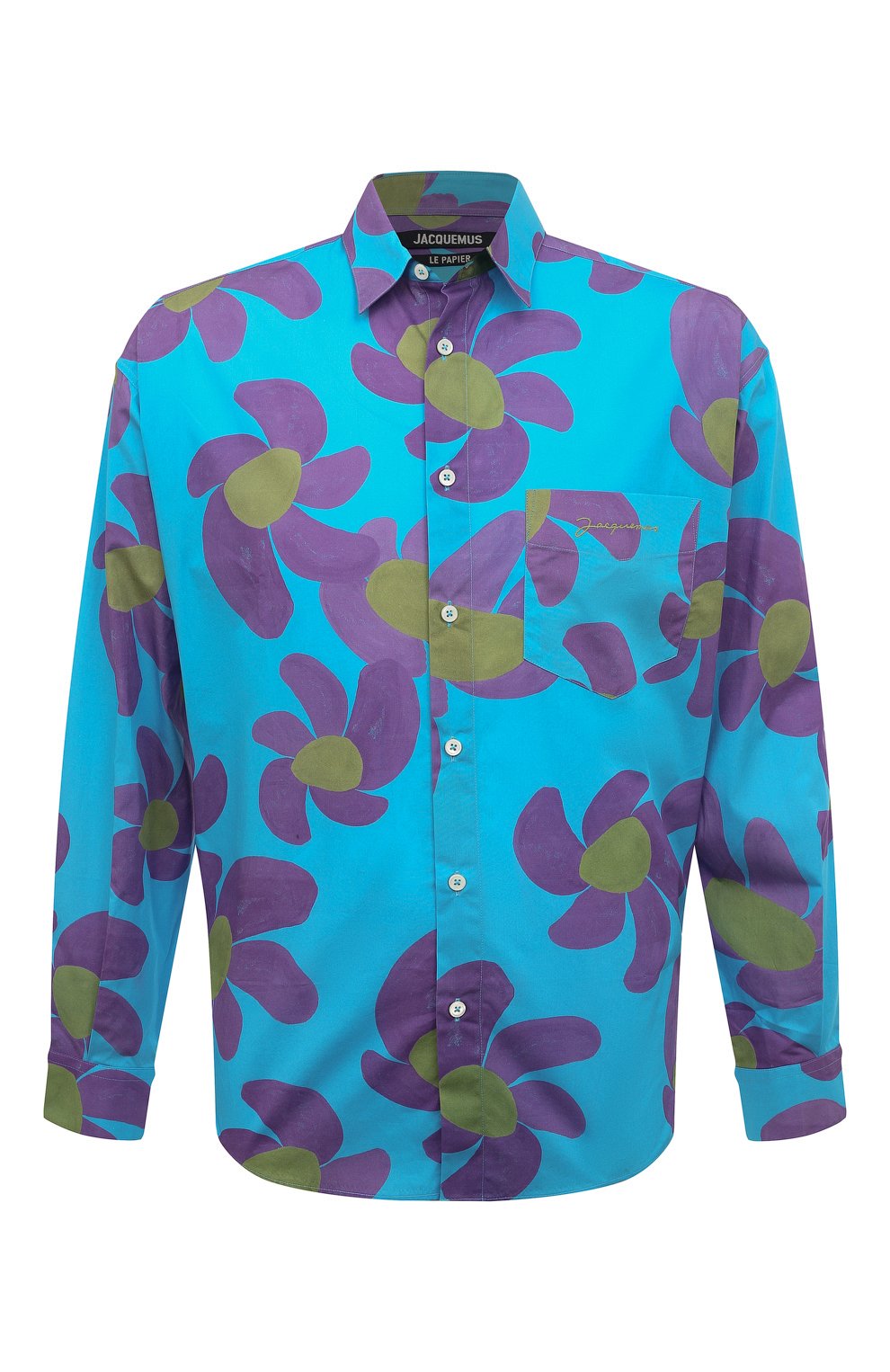 Рубашка JACQUEMUS голубого цвета по цене 49950 руб., арт. 22H216SH001/1077PRINTPURPLEFLOWERS, фото 1 Рубашка JACQUEMUS, арт. 22H216SH001/1077PRINTPURPLEFLOWERS, фото 1