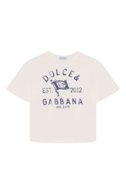 Детская хлопковая футболка DOLCE & GABBANA молочного цвета, арт. L4JTHV/G70IH/8-14 | Фото 1 (Рукава: Короткие; Материал внешний: Хлопок; Драгоценные камни: Проставлено; Материал сплава: Проставлено)