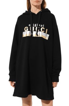 Женское хлопковое платье GUCCI черного цвета, арт. 610127 XJCR1 | Фото 3 (Рукава: Длинные; Длина Ж (юбки, платья, шорты): Мини; Случай: Повседневный; Материал сплава: Проставлено; Материал внешний: Хлопок; Стили: Спорт-шик; Драгоценные камни: Проставлено; Женское Кросс-КТ: Платье-одежда)