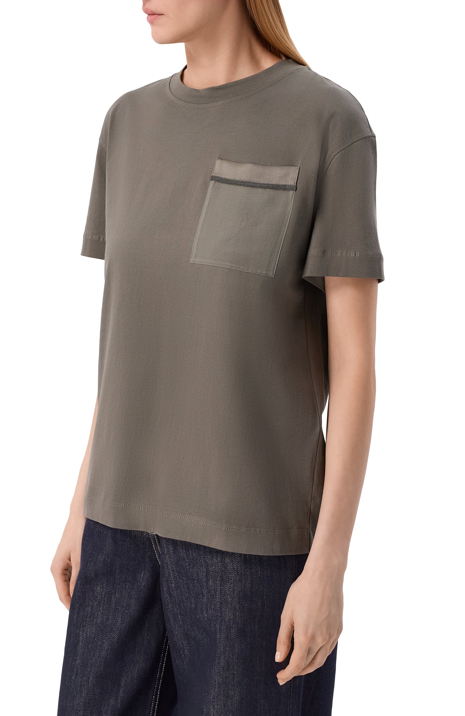 Хлопковая футболка BRUNELLO CUCINELLI хаки цвета по цене 85750 руб., арт. M0T81B2M10, фото 3 Хлопковая футболка BRUNELLO CUCINELLI, арт. M0T81B2M10, фото 3