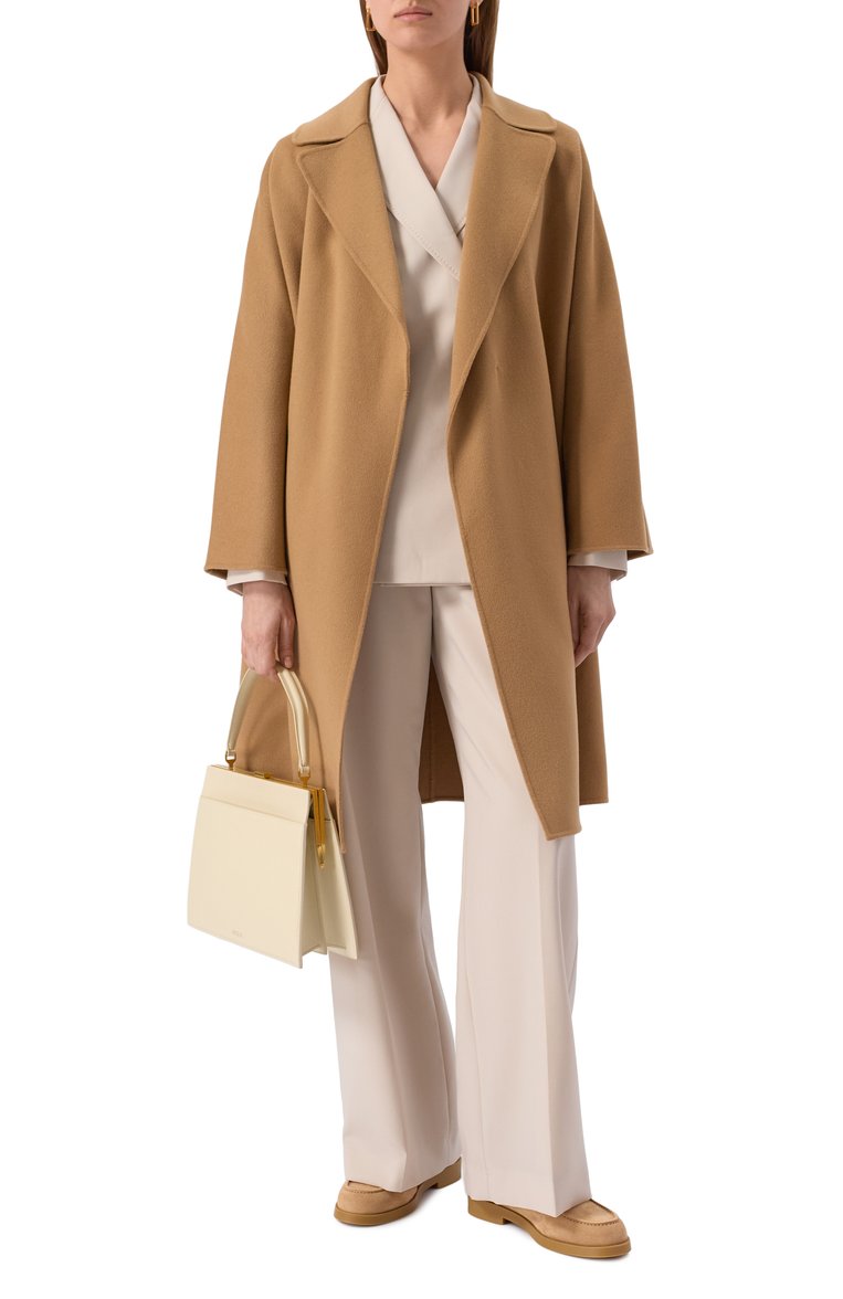 Женское шерстяное пальто WEEKEND MAX MARA коричневого цвета, арт. CIVADA | Фото 2 (Автоматизация состава: Проставлено; Автоматизация ТО: Проставлено; Длина (верхняя одежда): До колена; Материал внешний: Шерсть; Рукава: Длинные; 1-2-бортные: Однобортные; Стили: Классический)