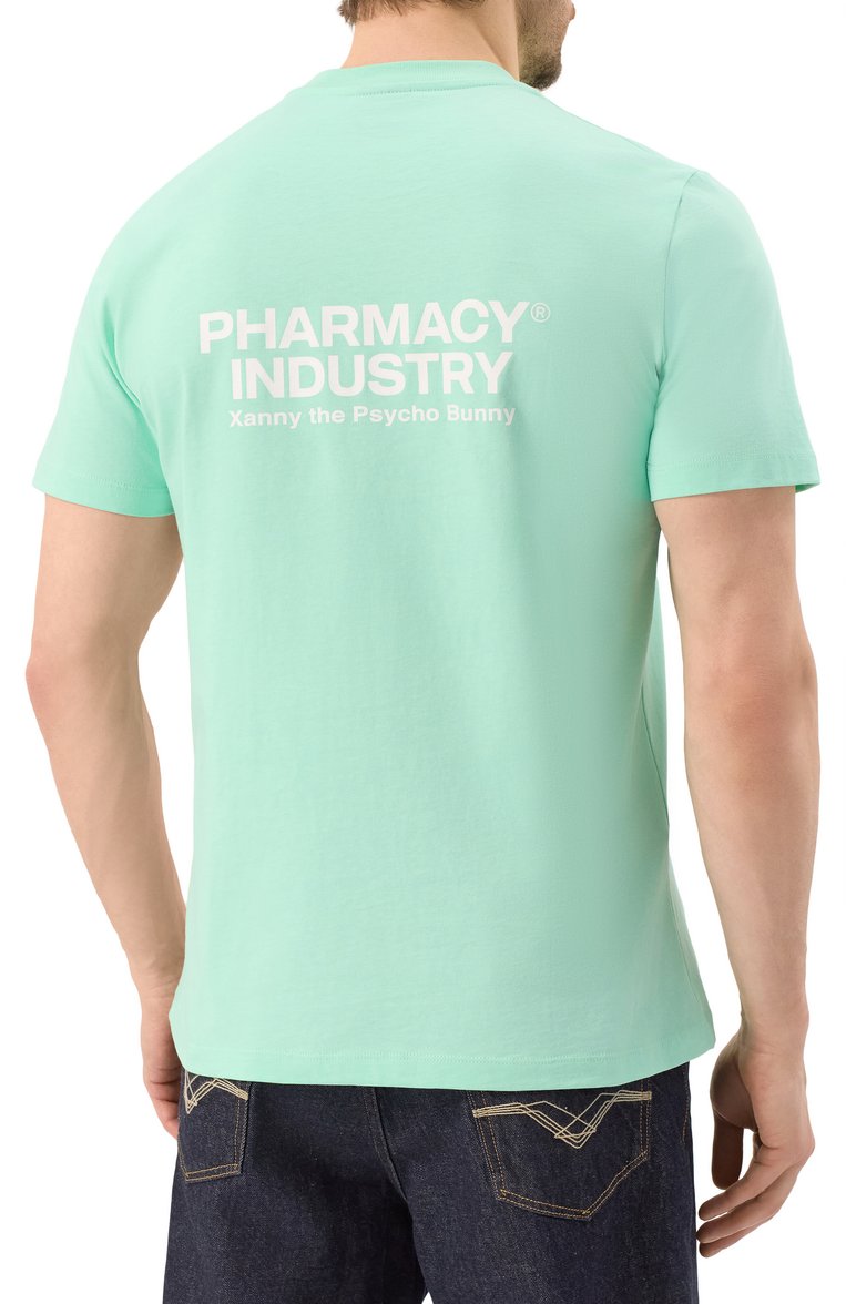 Мужская хлопковая футболка PHARMACY INDUSTRY бирюзового цвета, арт. PHABM00181 | Фото 4 (Рукава: Короткие; Длина (для топов): Стандартные; Материал внешний: Хлопок; Стили: Кэжуэл; Принт: С принтом; Мужское Кросс-КТ: Футболка-одежда; Кросс-КТ: Джерси)