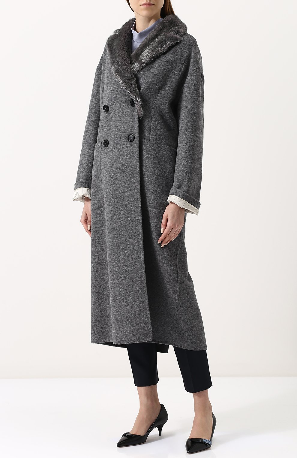 Двубортное пальто свободного кроя с меховой отделкой PRADA, арт. P600HP-1P80-F0535, фото 3