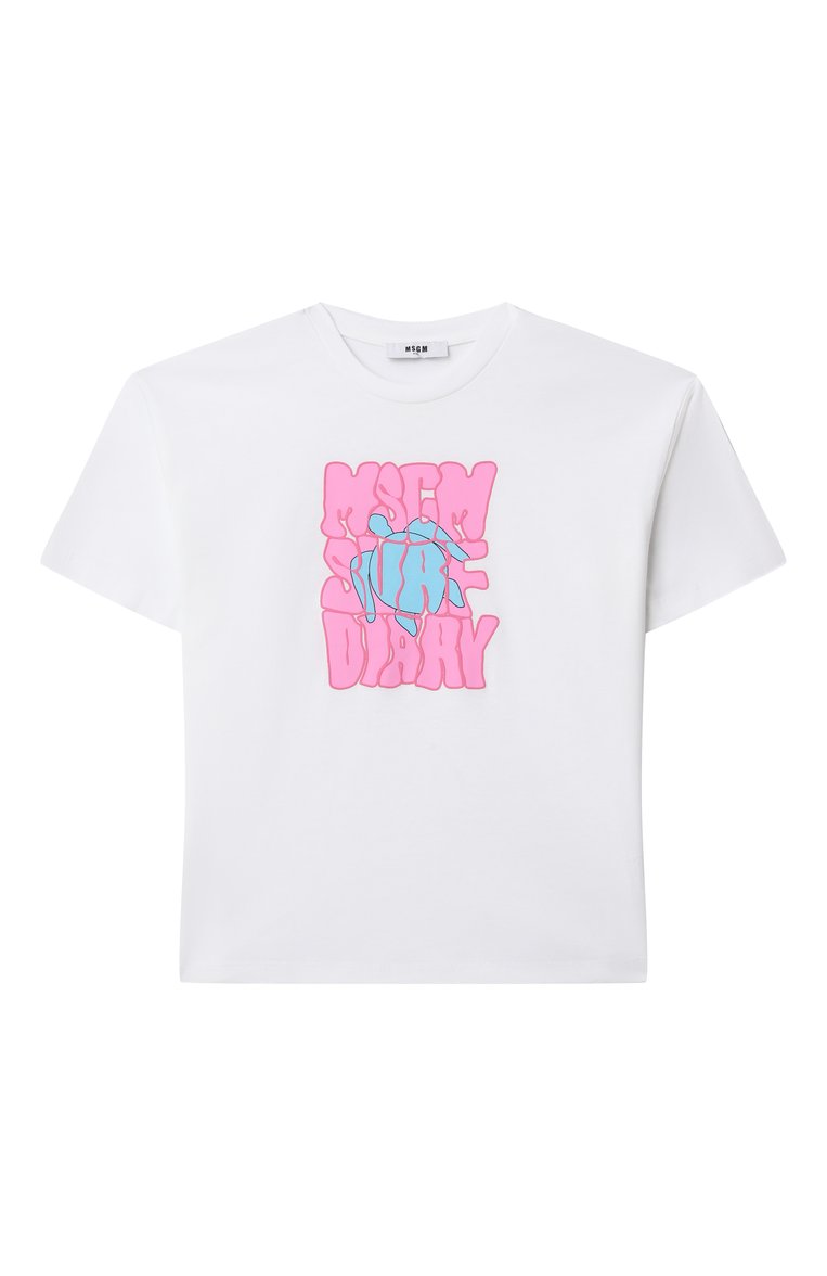 Детская хлопковая футболка MSGM KIDS белого цвета, арт. S5MSJGTH243 | Фото 1 (Рукава: Короткие; Материал сплава: Проставлено; Драгоценные камни: Проставлено; Девочки Кросс-КТ: Футболка-спорт, футболка-одежда; Материал внешний: Хлопок; Ростовка одежда: 6 лет | 116 см, 10 - 11 лет | 140 - 146см, 8 лет | 128 см, 12 лет | 152 см, 16 лет | 164 см)