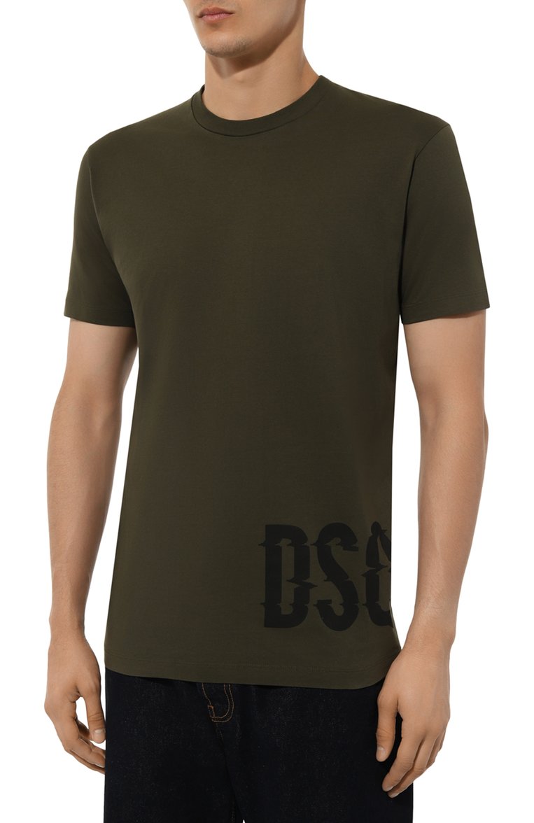 Мужская хлопковая футболка DSQUARED2 хаки цвета, арт. S74GD1261 | Фото 3 (Длина (для топов): Стандартные; Рукава: Короткие; Материал внешний: Хлопок; Стили: Милитари; Принт: С принтом; Мужское Кросс-КТ: Футболка-одежда; Кросс-КТ: Джерси)