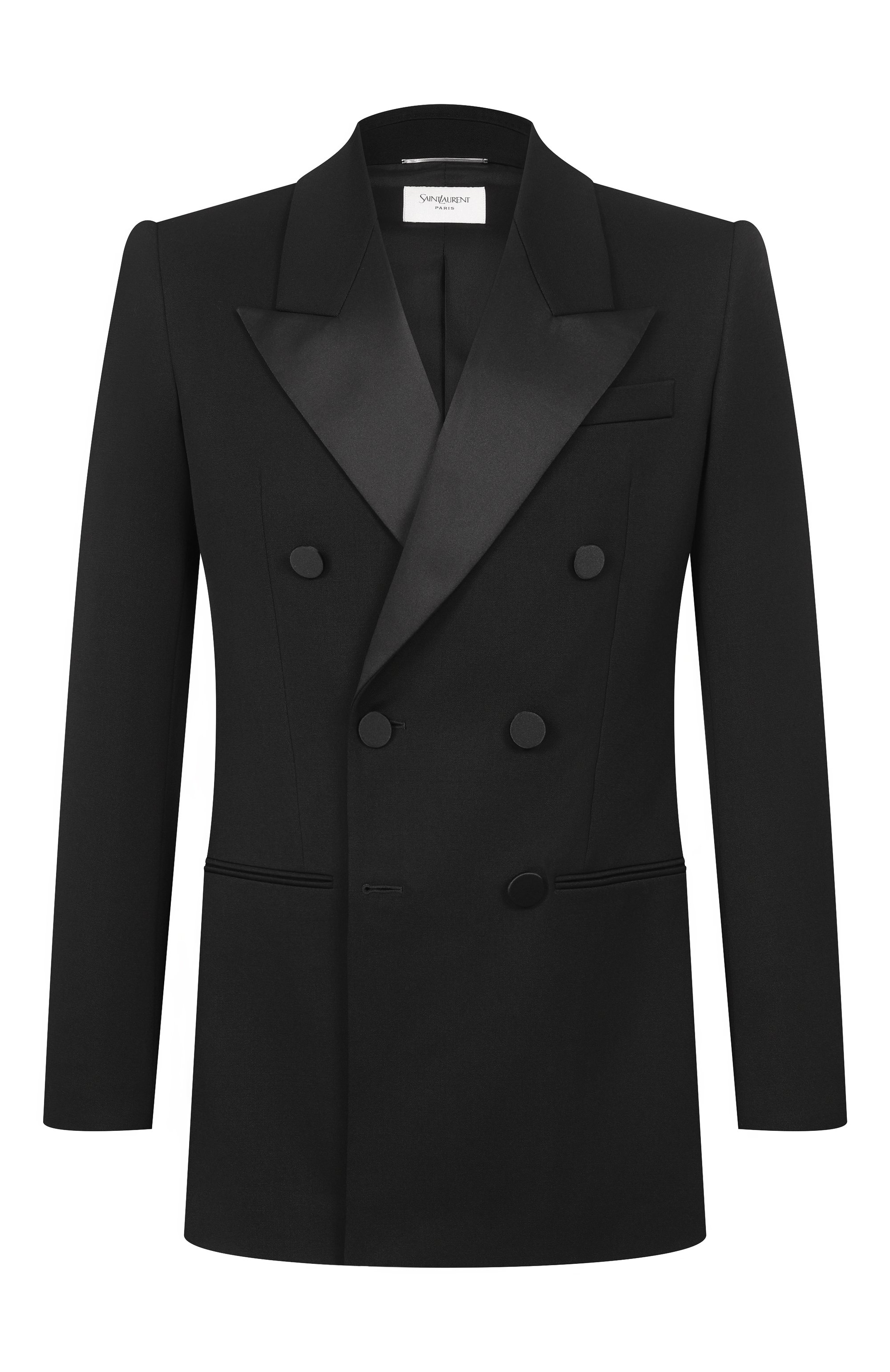 Шерстяной смокинг SAINT LAURENT черного цвета по цене 492500 руб., арт. 797220/Y7E63, фото 1 Шерстяной смокинг SAINT LAURENT, арт. 797220/Y7E63, фото 1