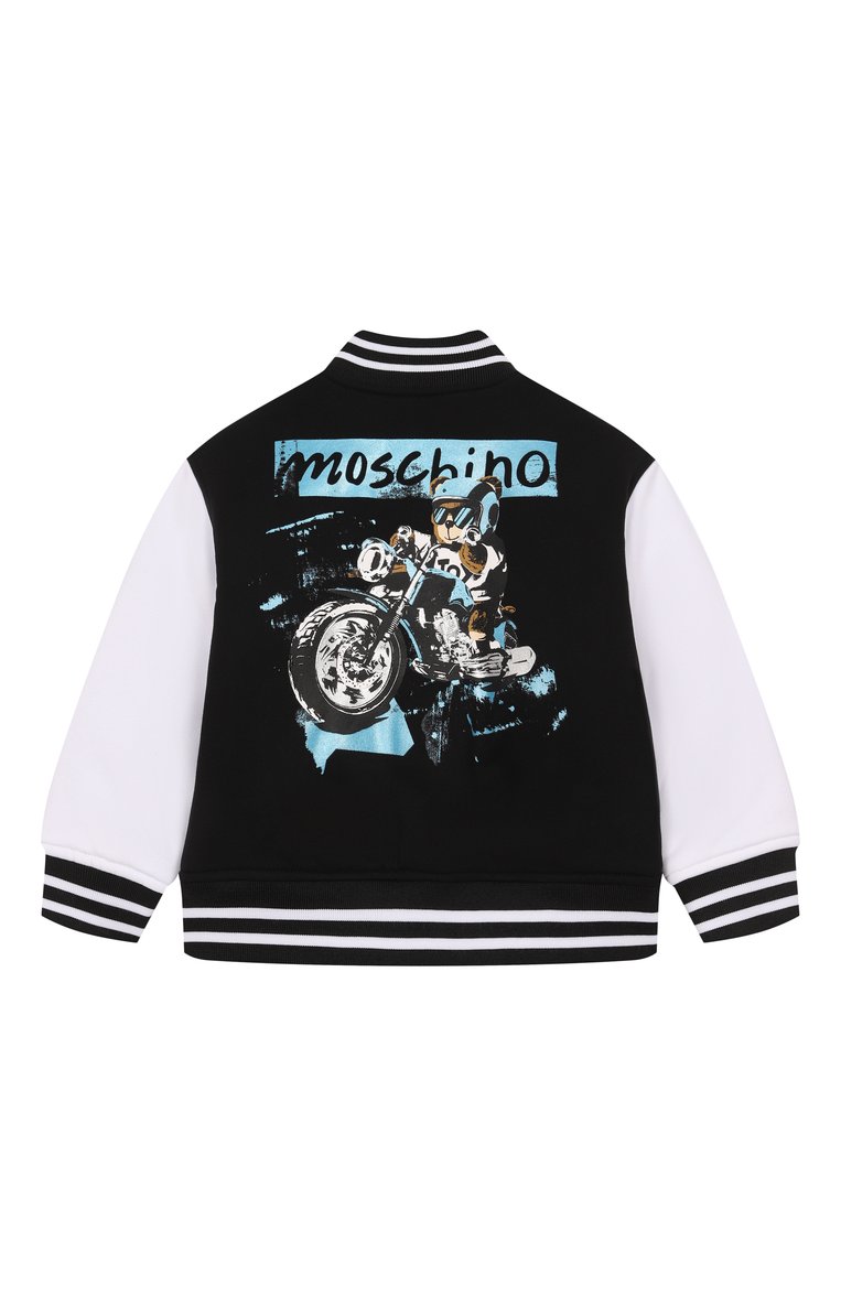 Детского бомбер MOSCHINO черно-белого цвета, арт. HUS053/LCA26/4-8 | Фото 2 (Материал подклада: Синтетический материал; Материал внешний: Хлопок; Рукава: Длинные; Кросс-КТ: бомбер, Демисезон; Автоматизация ТО: Проставлено; Автоматизация состава: Проставлено; Ростовка одежда: 4 года | 104 см, 5 лет | 110 см, 6 лет | 116 см, 8 лет | 128 см)