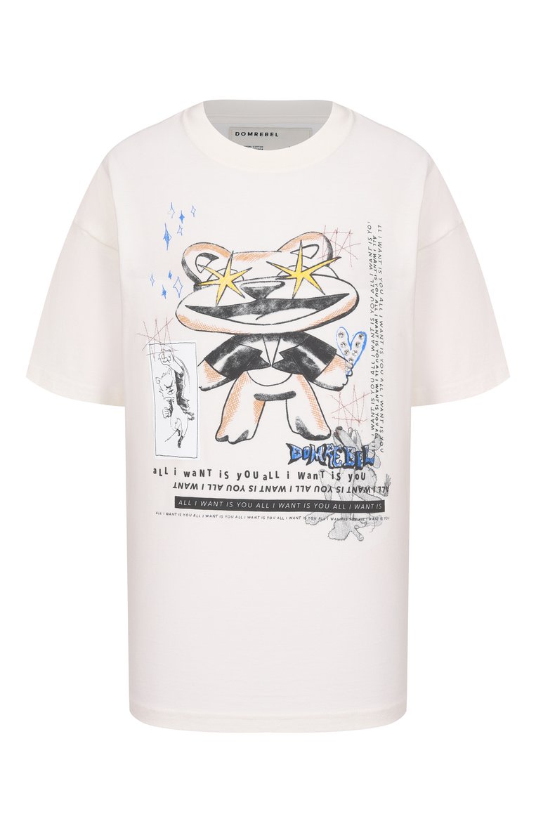 Женская хлопковая футболка DOMREBEL белого цвета, арт. WANTED T-SHIRT SWAR0WSKI | Фото 1 (Длина (для топов): Стандартные; Рукава: Короткие; Материал внешний: Хлопок; Стили: Кэжуэл; Принт: С принтом; Женское Кросс-КТ: Футболка-одежда; Детали: Декор; Автоматизация ТО: Проставлено; Автоматизация состава: Проставлено)