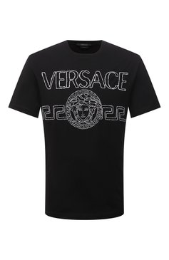 Мужская хлопковая футболка VERSACE черного цвета, арт. 1001280/1A00915 | Фото 1 (Рукава: Короткие; Длина (для топов): Стандартные; Принт: С принтом; Материал сплава: Проставлено; Материал внешний: Хлопок; Драгоценные камни: Проставлено; Стили: Кэжуэл)