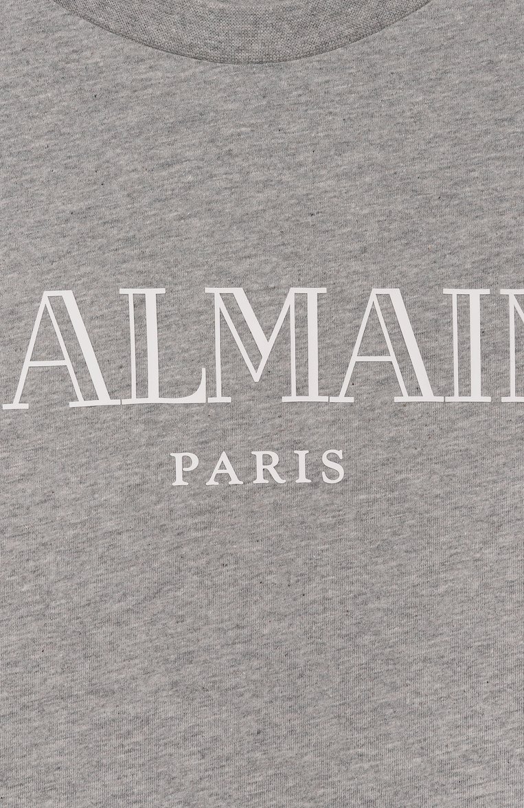 Детская хлопковая футболка BALMAIN серого цвета, арт. BW8Q71 | Фото 3 (Рукава: Короткие; Материал внешний: Хлопок; Мальчики Кросс-КТ: Футболка-спорт, Футболка-одежда; Ростовка одежда: 6 лет | 116 см, 8 лет | 128 см, 10 - 11 лет | 140 - 146см, 12 лет | 152 см, 13 - 15 лет | 158 см, 16 лет | 164 см)