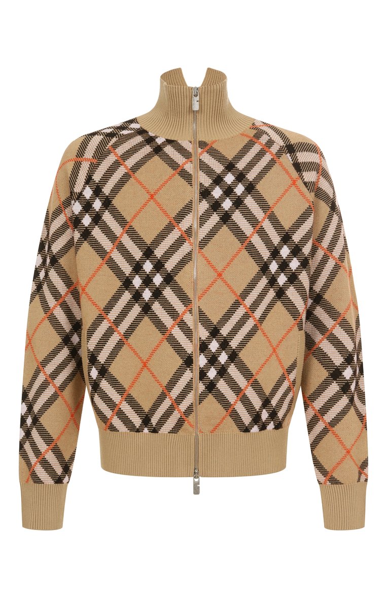 Мужской шерстяной кардиган BURBERRY бежевого цвета, арт. 8095087 | Фото 1 (Длина (для топов): Стандартные; Рукава: Длинные; Материал внешний: Шерсть; Мужское Кросс-КТ: Кардиган-одежда; Стили: Кэжуэл; Застежка: Молния)
